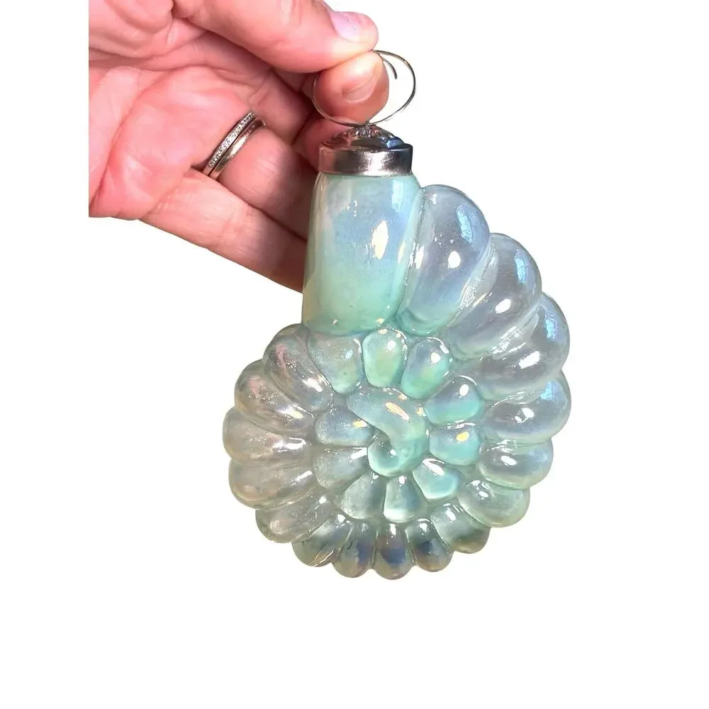 Sea Shell Glass Xmas Ornament Sea Green Iridescent Ribbed nautical kugel style